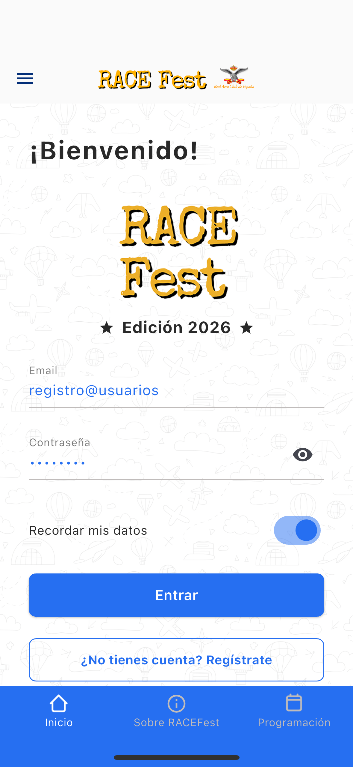 RACE Fest App - Pantalla de inicio